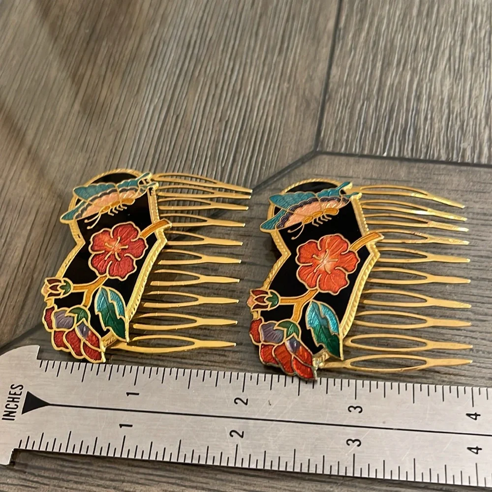 Vintage Cloisonné Butterfly Heart & Flower Hair Combs - Picture 14 of 16